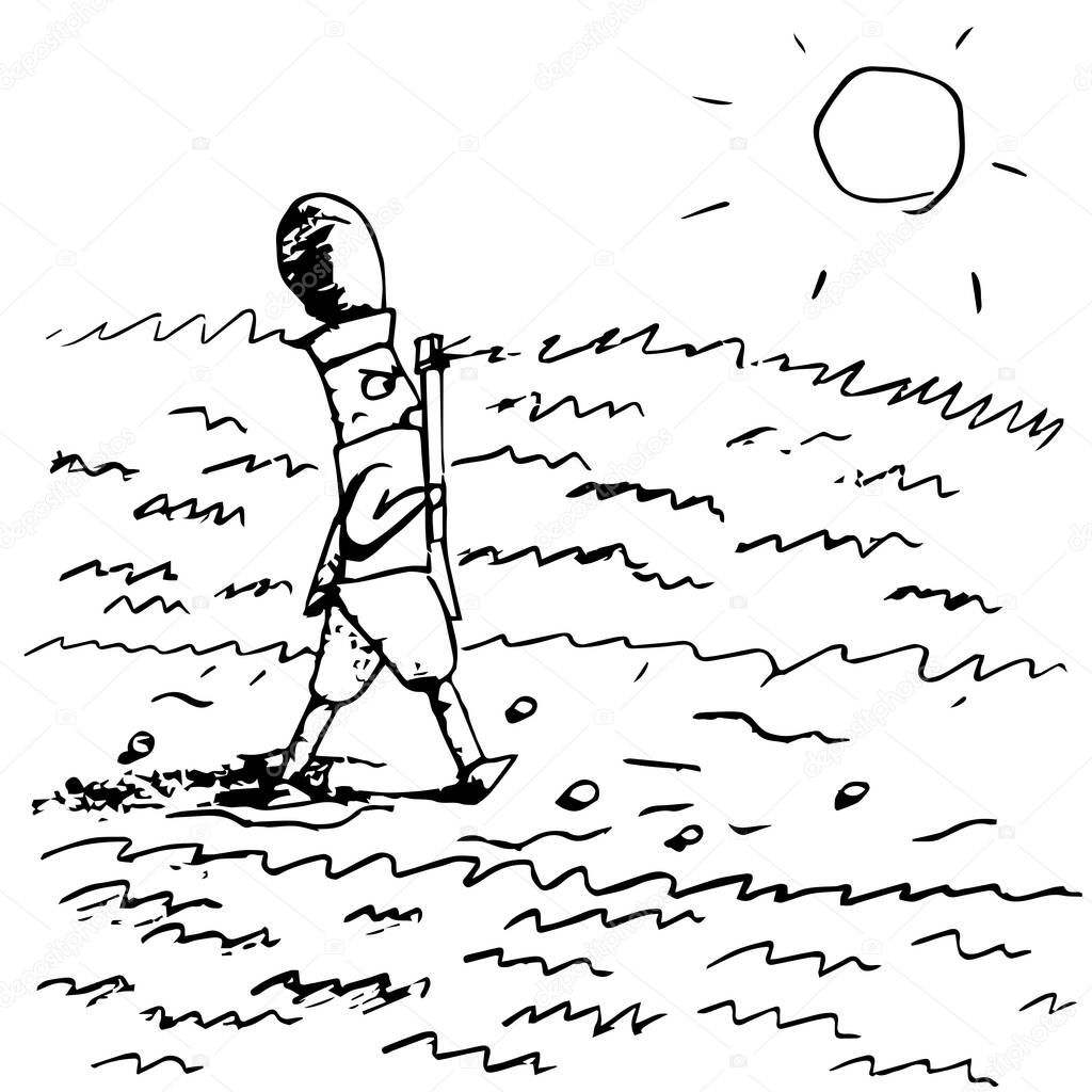 vector soldier walks through the desert. man on a hike.