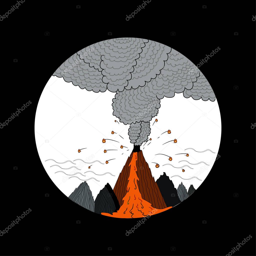 A volcanic eruption, a circle in which six mountains are depicted, a mountain in the middle erupting lava. Natural disaster, volcanic eruption.