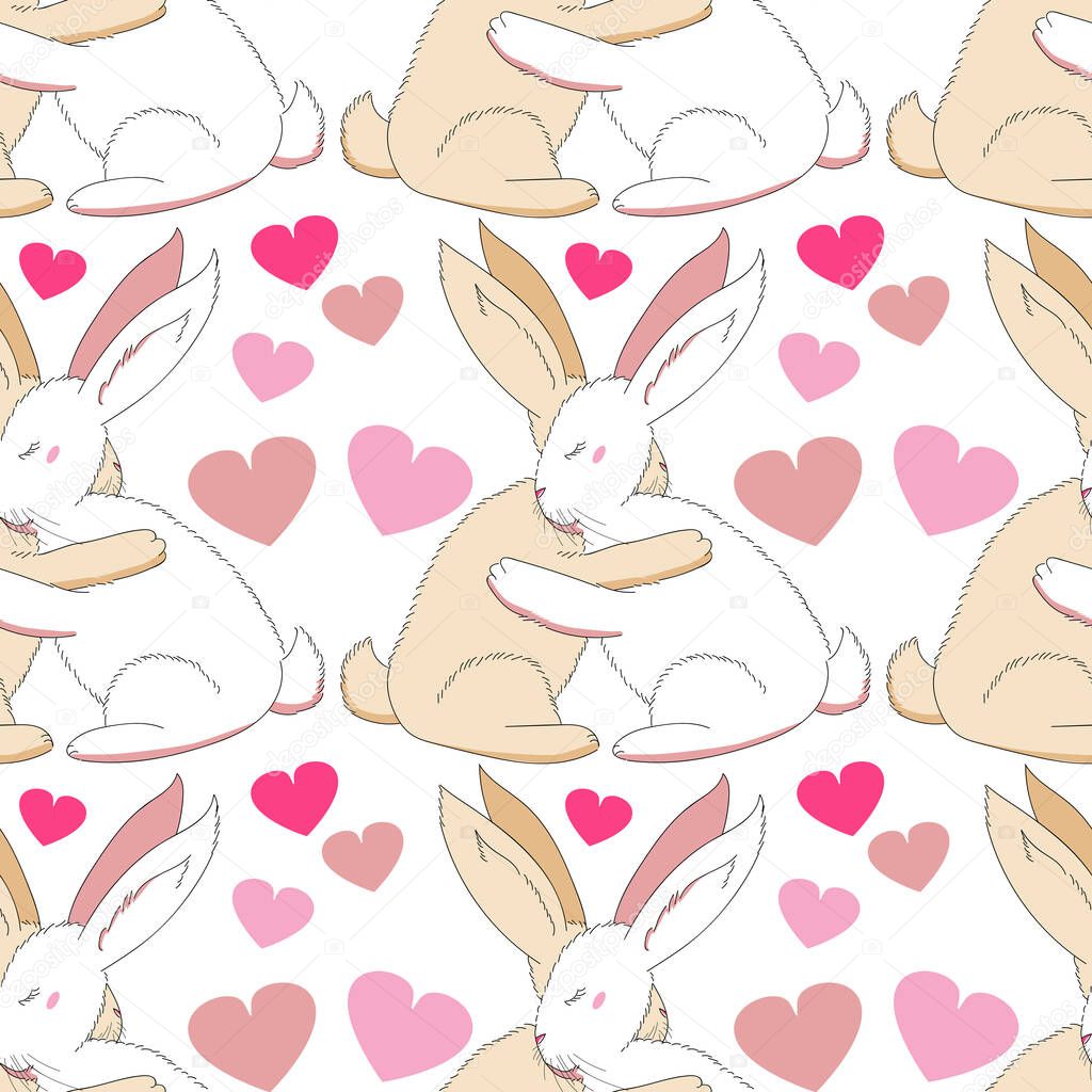Two bunnies hug each other with their paws. Bunnies with raised ears. Tender hugs.