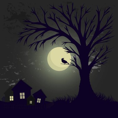 Mehtaplı bir gecenin tasviri. Gece şehrin dışında dolunay var. Ay ışığında bir gece ve dalında yaprak olmayan bir ağaç. Gece gökyüzü, ay ve nadir bulutlar.