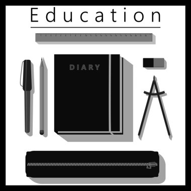 Eğitim ve eğitim için gerekli şeylerin seçilmesi için vektör illüstrasyon. Posterde bir günlük, kalem, sirk, silgi ve kalem kutusu var. Çalışma için poster.