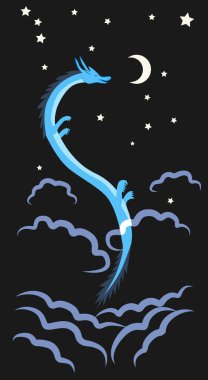 Gökyüzündeki uzun Wyvern ejderhası bulutların arasında. Gece gökyüzünde uçan ejderha.