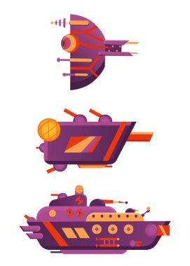 Warships, space fleet. Different spaceships on alert.