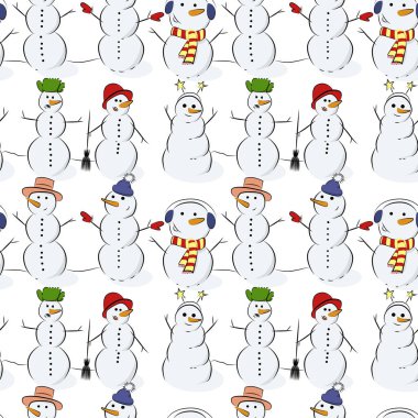 Havuç burunlu, farklı giysiler giymiş vektör desenli kardan adamlar. Komik şapkalı kardan adamlar.