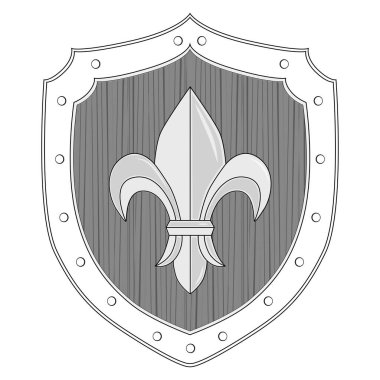 A shield of wood and metal with rivets and a golden royal lily in the center. The method of protection during the battle shield. clipart