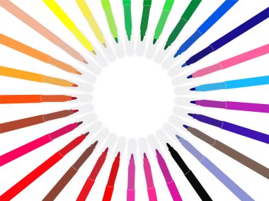 Yedi ana renk çizmek için keçeli kalem seti. Kalemlerin satışı ve kullanımı için. Kurslar için keçeli kalem. Çocuklar için kepli işaretler..