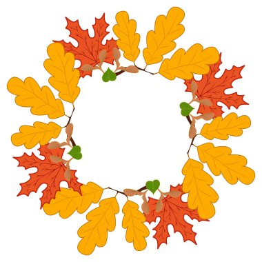 Sonbahar şablonu. Beyaz arka planda parlak renkli sonbahar yaprakları. Metninizi ortaya yerleştirebilirsiniz..