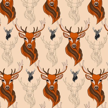 Büyük boynuzlu bir geyiğin kafası. Güzel bir geyik çiziyor. Kumaş üzerine baskı için desen.