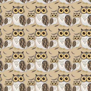 Baykuş ve tüylerin vektör deseni. Kuşlarla şirin bir desen..