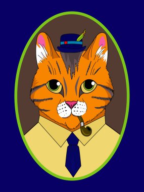The image of a cat in a hat with a pipe for smoking in a tie. Cat gentleman with felovom suit. Cat in clothes. Portrait of a cat in clothes. Red tomcat in a hat with a feather.