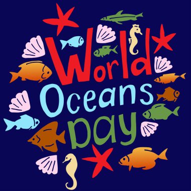 Dünya okyanus günü. Deniz hayvanları. Poster. Vektör illüstrasyonu.