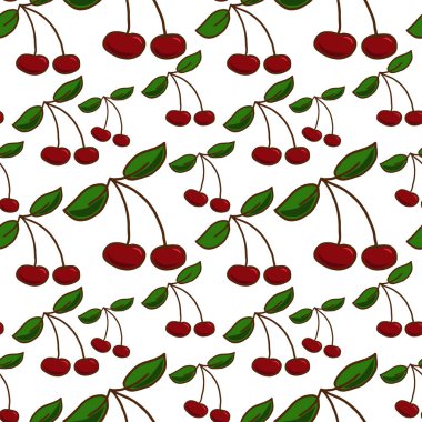 Kırmızı kiraz meyvelerinin vektör desenleri. Kumaş üzerine baskı yapmak için.