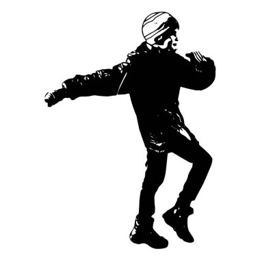 Siyah beyaz siluet. Kışlık giysiler içinde genç bir çocuk. 