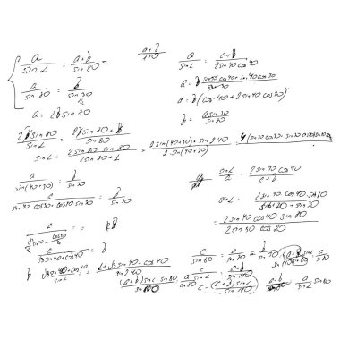 Matematiksel formüller ve problemler ve denklemler kümesi. Bir öğrencinin ödevi. Cebir ve geometri görevlerinin vektör görüntüsü.