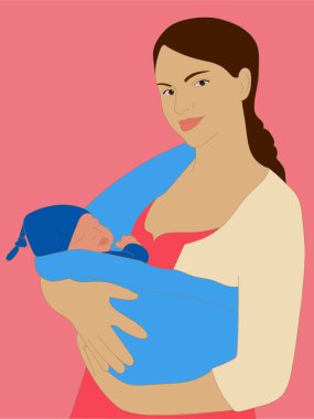 Anne ve bebek. Bir kadın uyuyan bir bebeği kollarında tutuyor. Annenin çocuğuna olan sevgisi. Yeni doğmuş bebek askısı için mendil taşıyıcısı. Annesinin kollarında uyuyan bir bebeğin resmi..