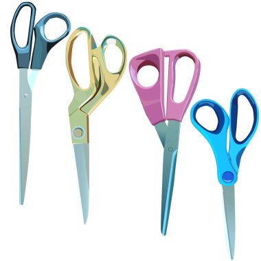 Farklı amaçlar için farklı makas çeşitleri seti. Dikiş, ofis, çivi, başvuru, dikiş, çocuk ve manikür makası.