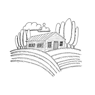 Tarlaların arasında bir ev. Kırsal alan, tarla evi, ağaçlar..