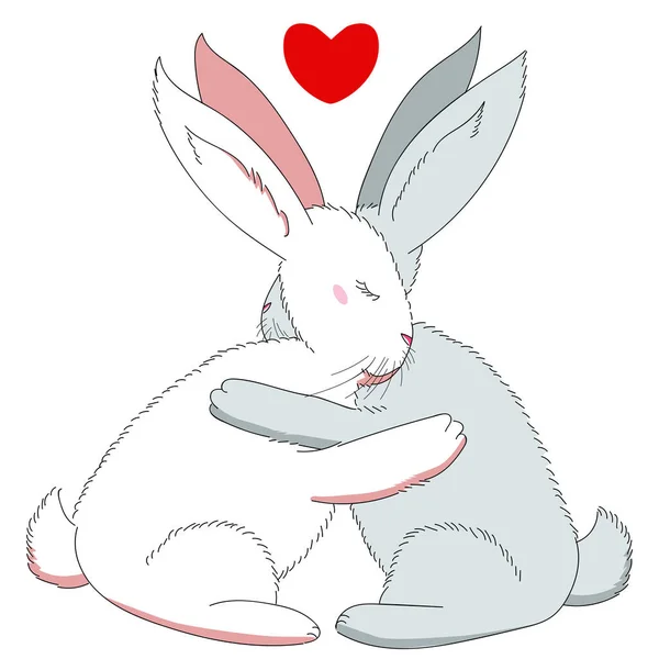 Two Bunnies Hug Each Other Paws Bunnies Raised Ears Tender — Stockvektor