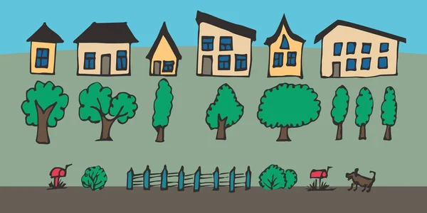 シンプルな家や木 通りのセット ベクトル通り 茂みや木の家 — ストックベクタ