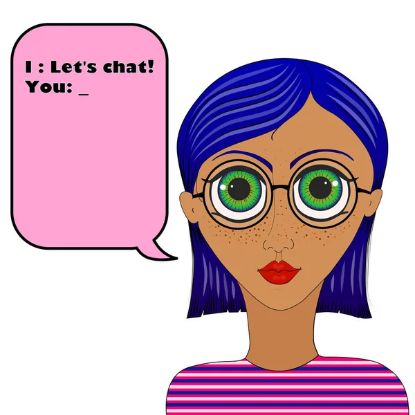 The girl in glasses with big eyes and hair. Smart girl with round glasses.