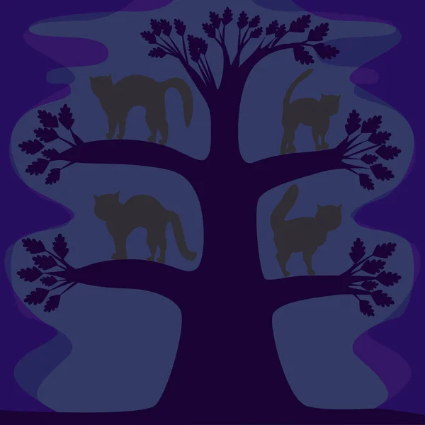 Katter Trädet Natten Gloomy Landskap Vektor — Stock vektor