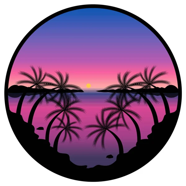 园林景观 棕榈树 夕阳西下的天空和大海 — 图库矢量图片