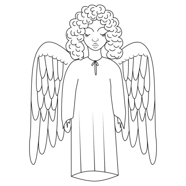 Holy Angel Wings Angel Long Robes Curly Hair Closed Eyes — Vetor de Stock