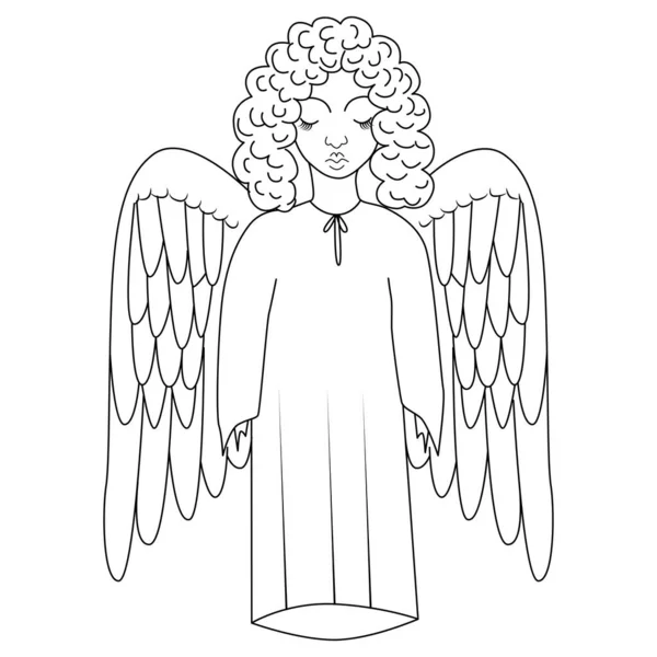 Holy Angel Wings Angel Long Robes Curly Hair Closed Eyes — Stock Vector