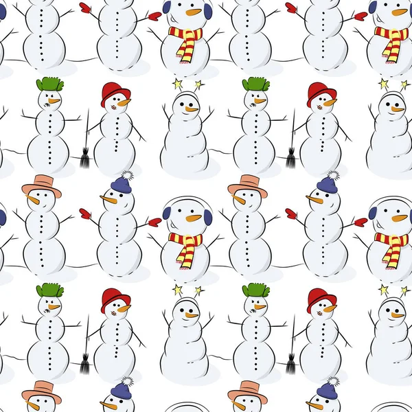Векторный Узор Снеговиков Разной Одежде Морковными Носами Снеговики Смешных Шляпах — стоковый вектор