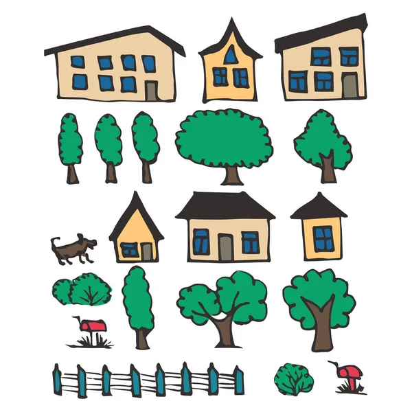 Ensemble Maisons Simples Des Arbres Rue Rue Vectorielle Maisons Avec — Image vectorielle