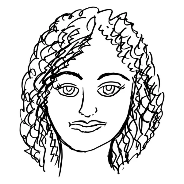 Sketch Portrait Girl Curly Hair Drawing Young Woman — Stock Vector