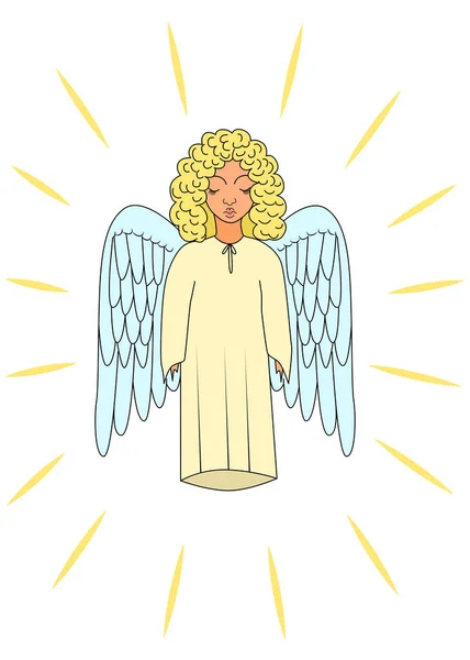 Holy Angel Wings Angel Long Robes Curly Hair Closed Eyes — Stockvektor