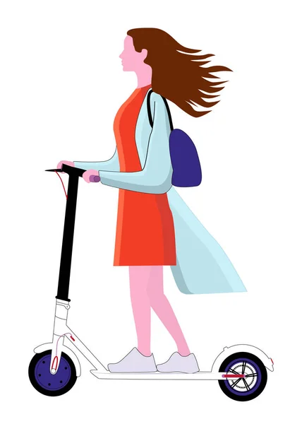 女の子は電動スクーターに乗る 運転中や使用中の電動スクーター 輸送の生態系モード — ストックベクタ