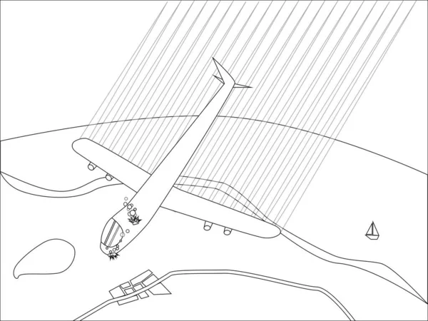 Dibujo Infantil Del Accidente Avión Arde Cae Desastre Cielo Colorear — Vector de stock