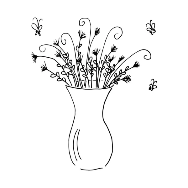 Vector Simple Drawing Vase Flowers Black White Drawing — Vetor de Stock