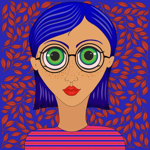 Flickan Glasögon Med Stora Ögon Och Blått Hår Smart Tjej — Stock vektor