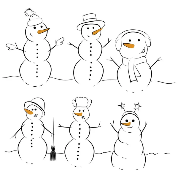 Разные Смешные Снеговики Снеговики Разных Одеждах Морковными Носами — стоковый вектор