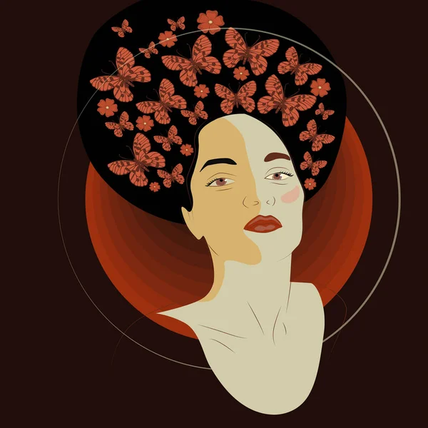Portret Van Een Vrouw Bloemen Vlinders Haar Haar Vector Vrouw — Stockvector