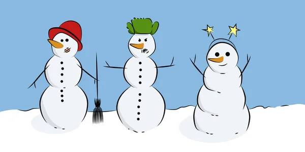 各种有趣的雪人 穿着不同衣服 头戴胡萝卜鼻子的雪人 — 图库矢量图片
