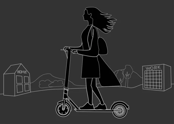 Das Mädchen Fährt Auf Dem Elektroroller Elektroroller Während Der Bewegung — Stockvektor