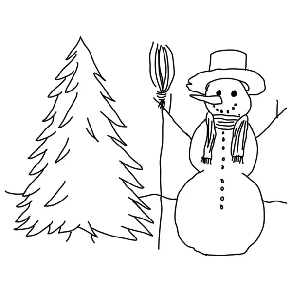 Забавный Снеговик Шляпе Шарфе Возле Рождественской Елки Зимний Пейзаж Сельской — стоковый вектор