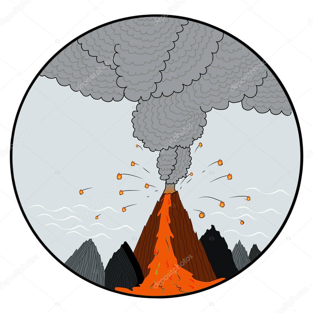 A volcanic eruption, a circle in which six mountains are depicted, a mountain in the middle erupting lava. Natural disaster, volcanic eruption.