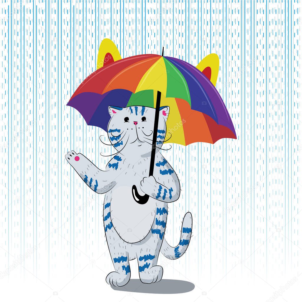 Vector illustration of a cat with an umbrella. Cat under an umbrella. Weather.