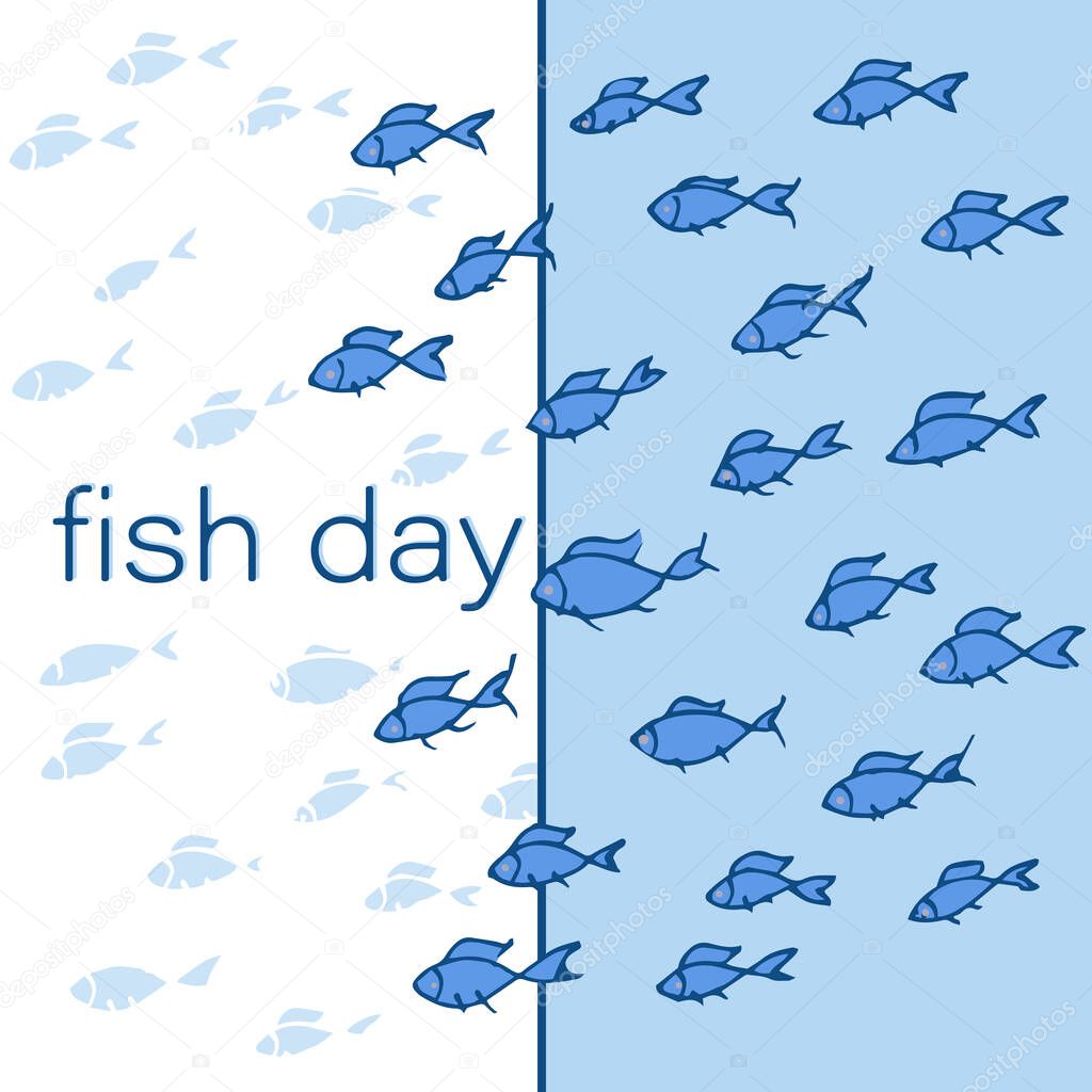 fish day. Silhouettes of groups of marine fish. A colony of small fish. Stylized logo.