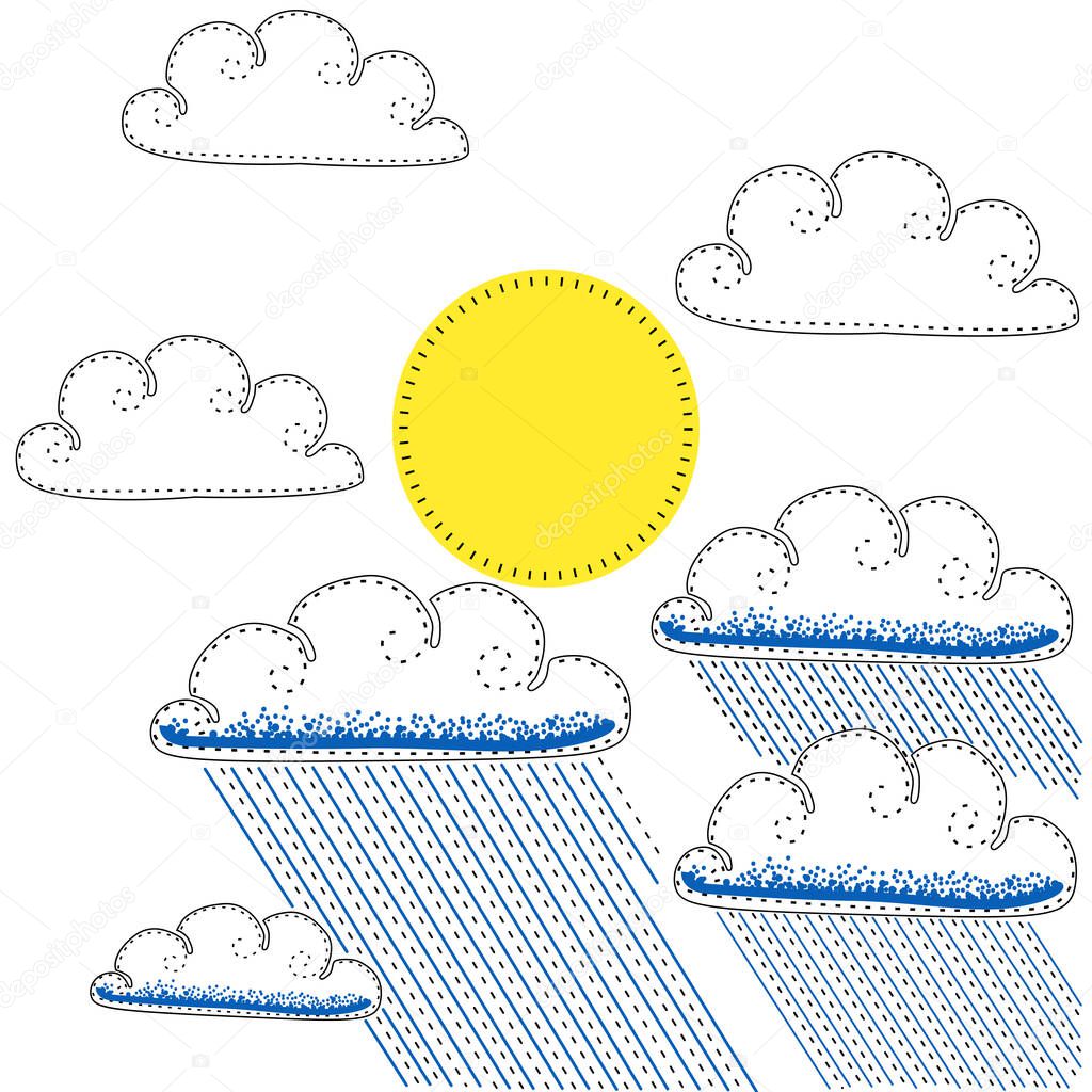 Sun with clouds and rain. Different weather conditions occur throughout the day. Rain clouds and the sun at one time.