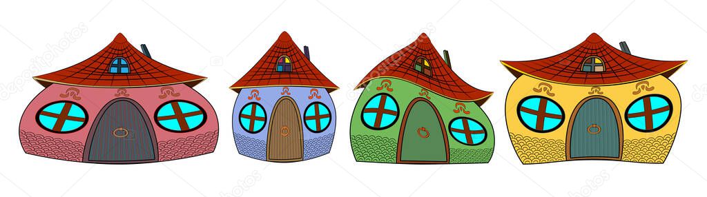 Four colorful houses of funny convex shape. A row of houses with round windows, a wooden door and dark red tiles. Dwellings from a fairy tale of a convex shape.