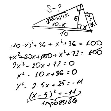 Matematiksel formüller ve problemler ve denklemler kümesi. Bir öğrencinin ödevi. Cebir ve geometri görevlerinin vektör görüntüsü.