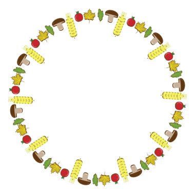 Çemberin üzerinde elma, yaprak, mantar ve buğday vardır. Tebrik kartları ve hediyeler için. Sonbahar ve aile ziyafeti.