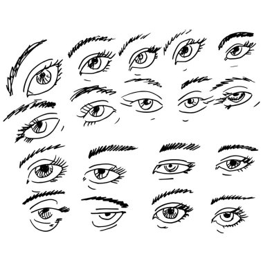 İnsan gözünün çeşitli çizimleri. İnsan gözleri..