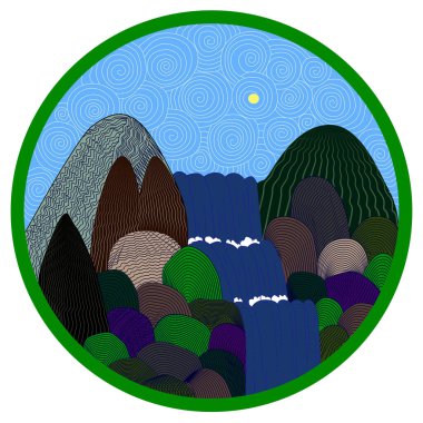 Şelale manzarası daire çiziyor. Çizgiler ve hatlarla çizilmiş manzara. Dağ taşlı doğal şelale.